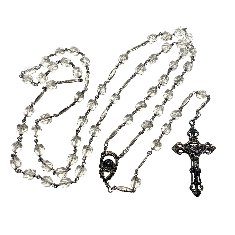 VINTAGE FACETED CLEAR CRYSTAL ROSARY ORNATE STERLING SILVER CRUCIFIX VIRGIN MARY